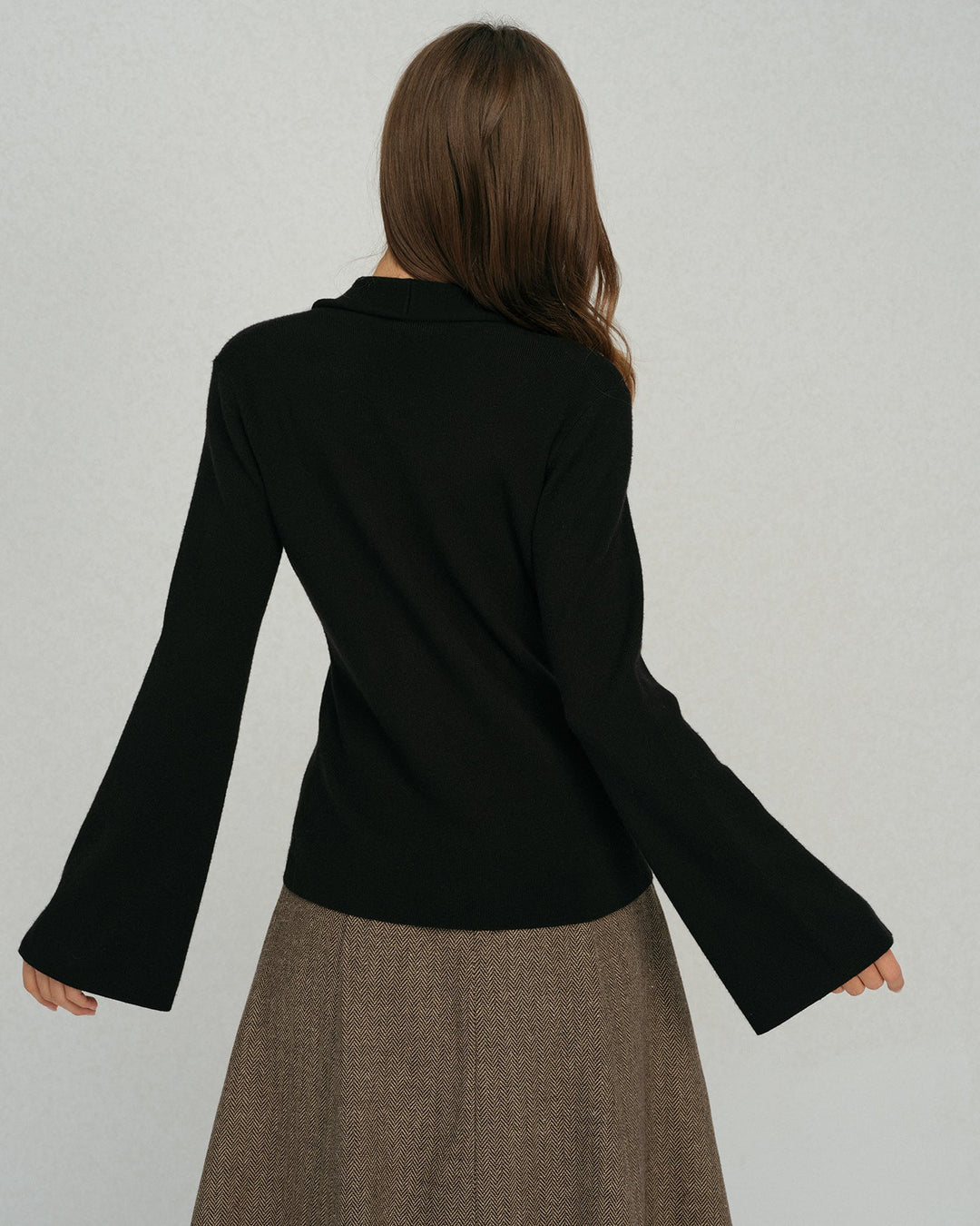 Black Bell Sleeve Button Collar Sweater