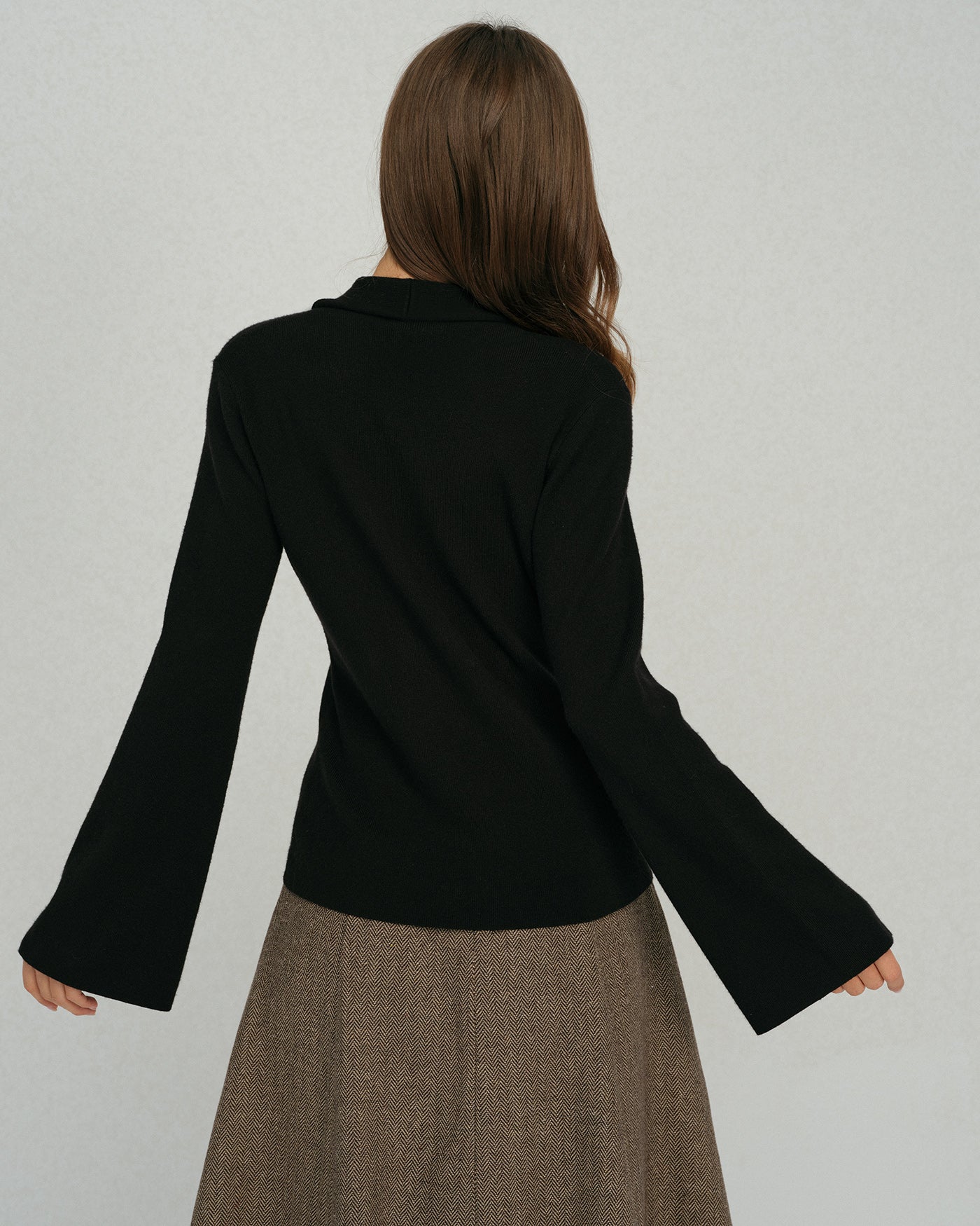 Black Bell Sleeve Button Collar Sweater