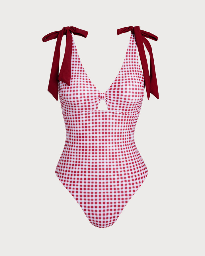 Wine Red Plaid One Piece Swimwear