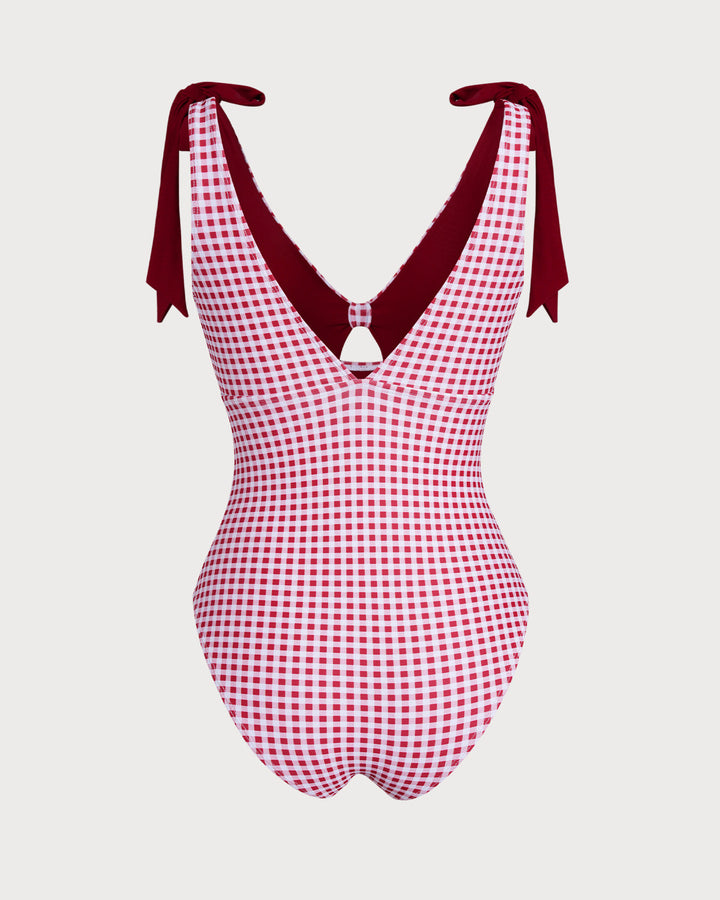 Wine Red Plaid One Piece Swimwear