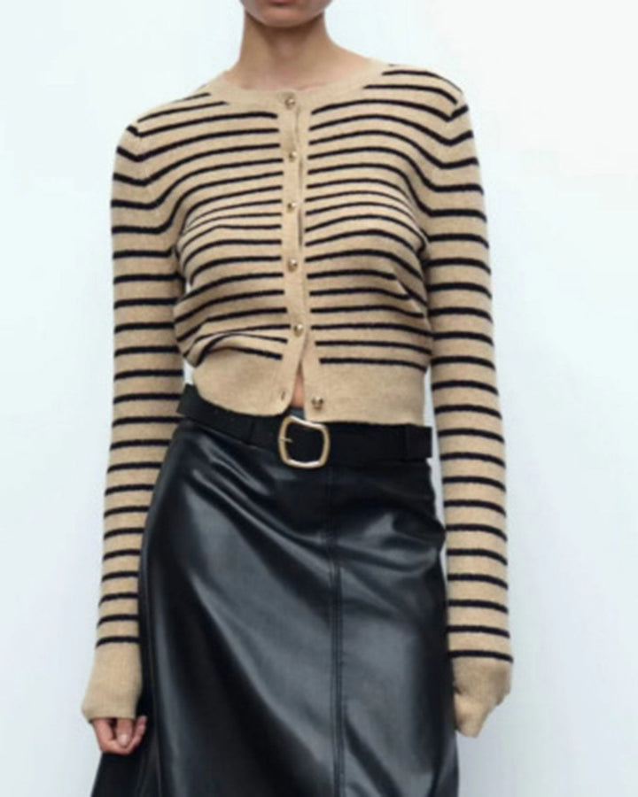 Khaki Striped Button Knit Cardigan