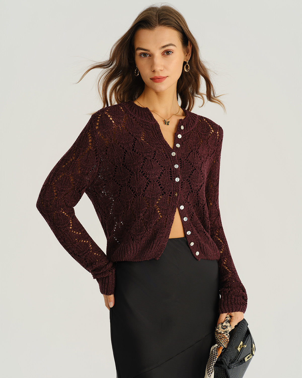 Wine Red Single Breasted Knit Cardigan