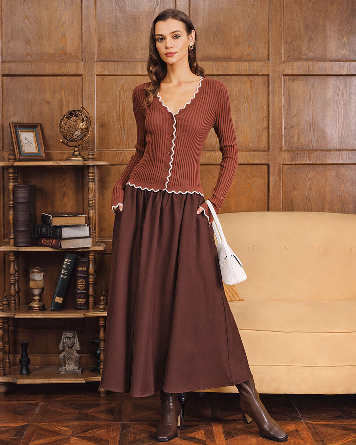 Coffee Contrasting Button Knit Cardigan