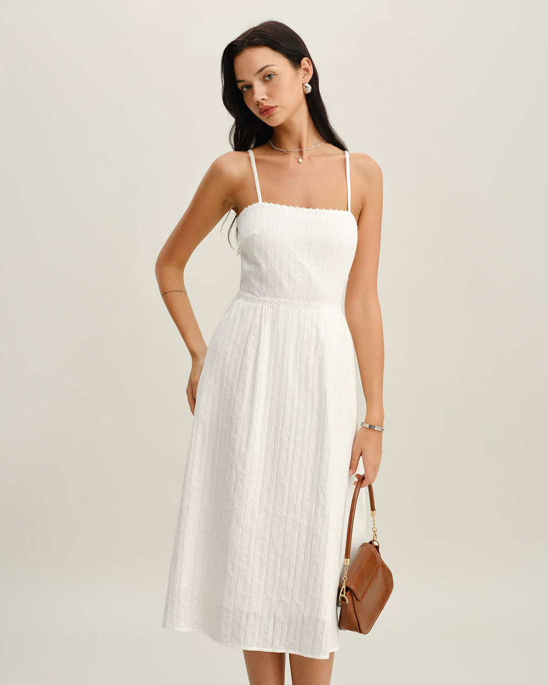 White Pocket A-Line Slip Midi Dress