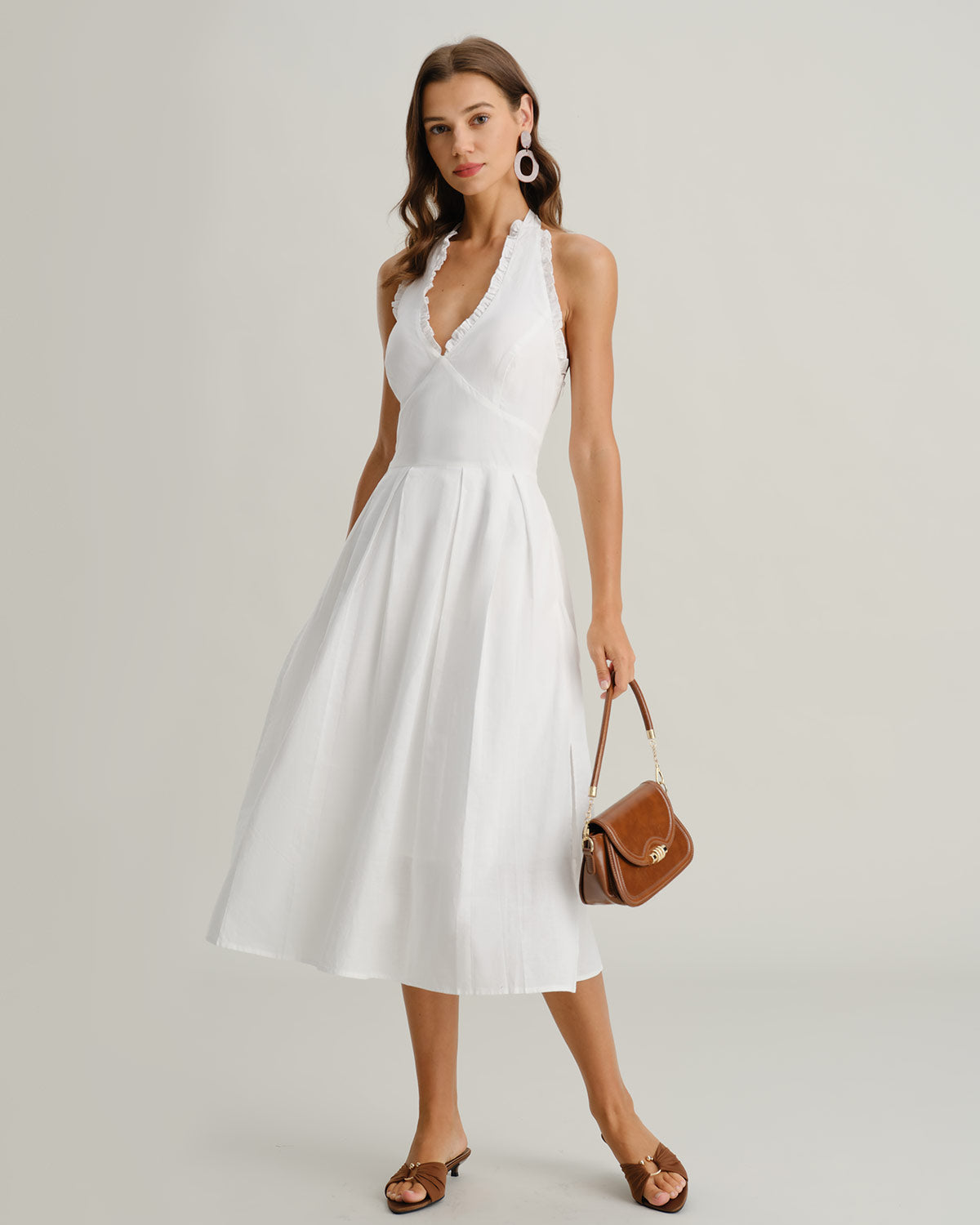 White V Neck Halter Sleeveless Midi Dress