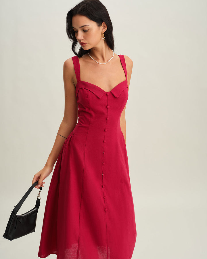 Red Sweetheart Neck Slip Midi Dress