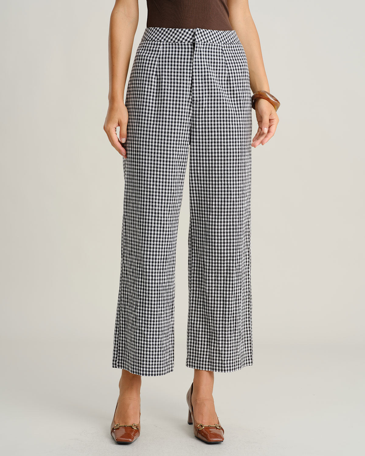 Black Plaid Natural Waisted Straight Pants