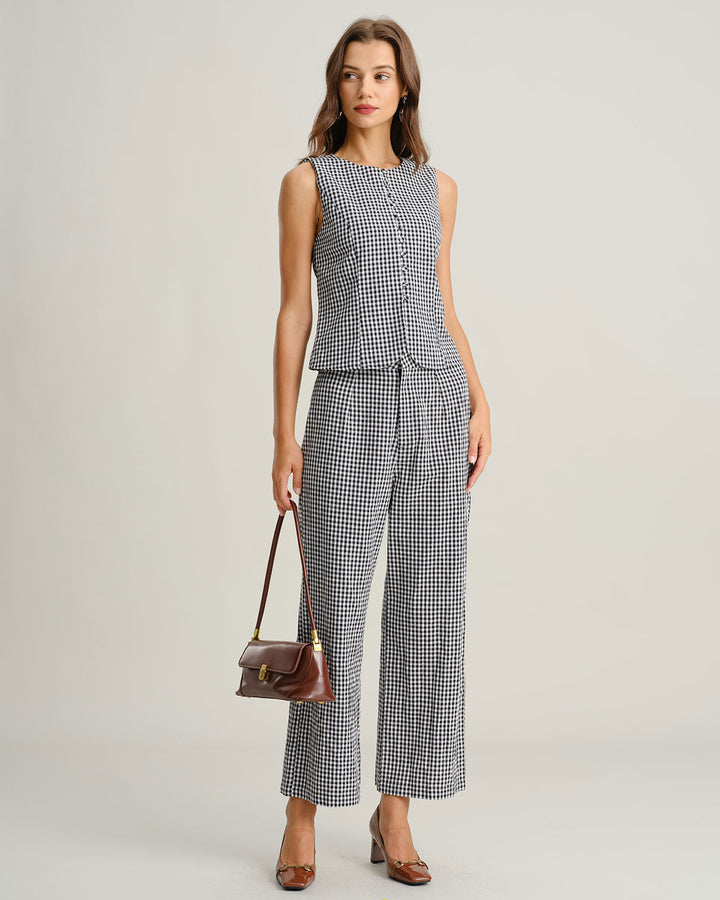 Black Plaid Natural Waisted Straight Pants