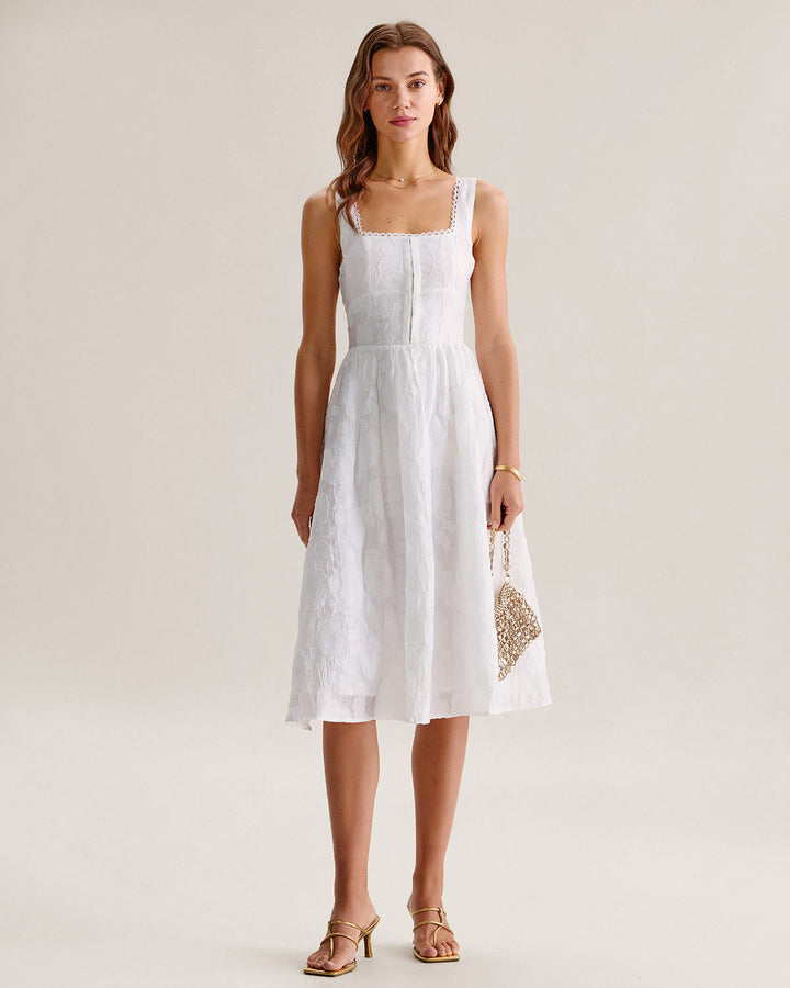 White Jacquard Shirred Slip Midi Dress