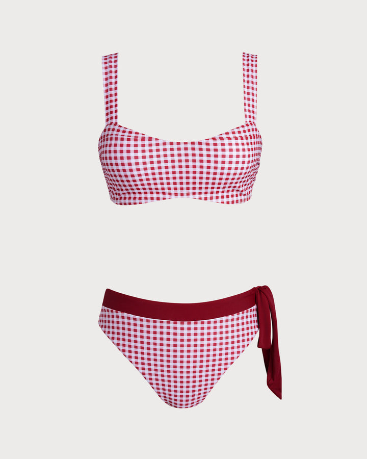Wine Red Plaid Bandeau Bikini Set