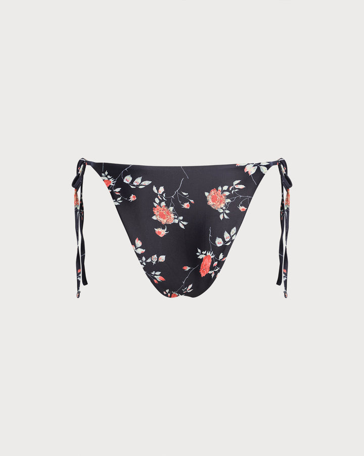 Black Floral Drawstring Bikini Bottom