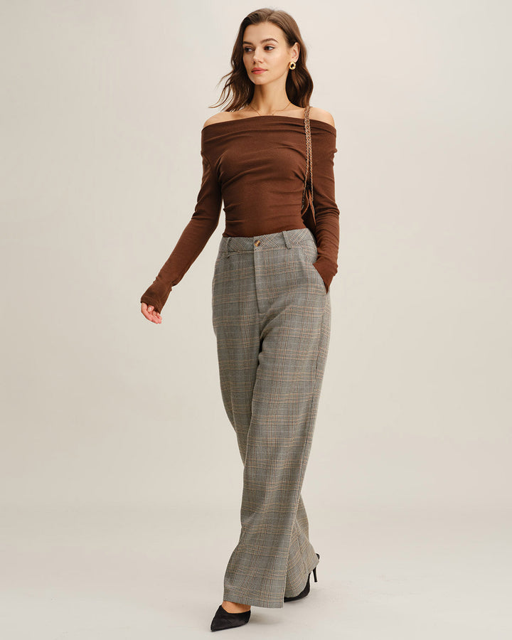 Khaki Plaid Straight Casual Pants
