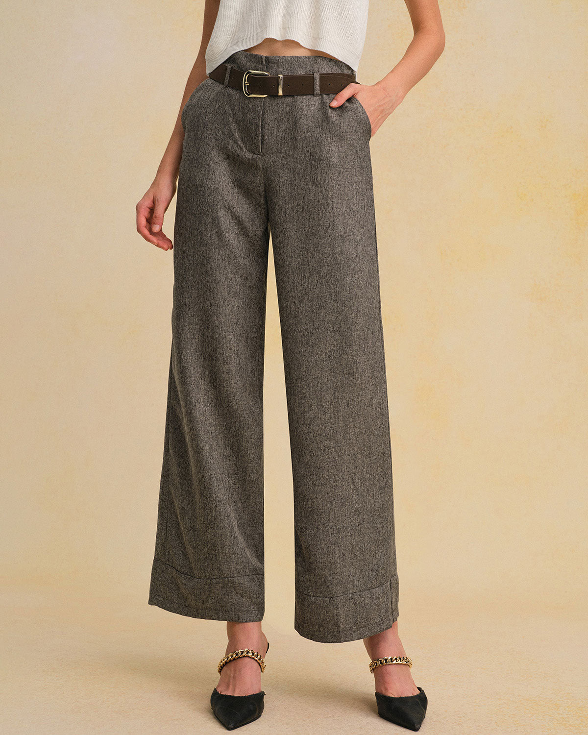 Grey Belted Straight Pants