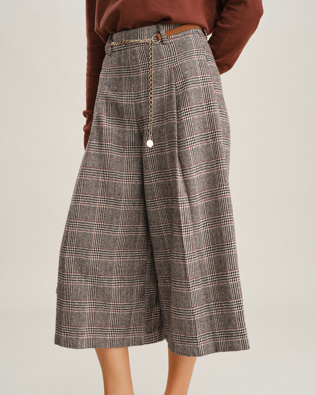 Khaki Plaid Wide Leg Pants