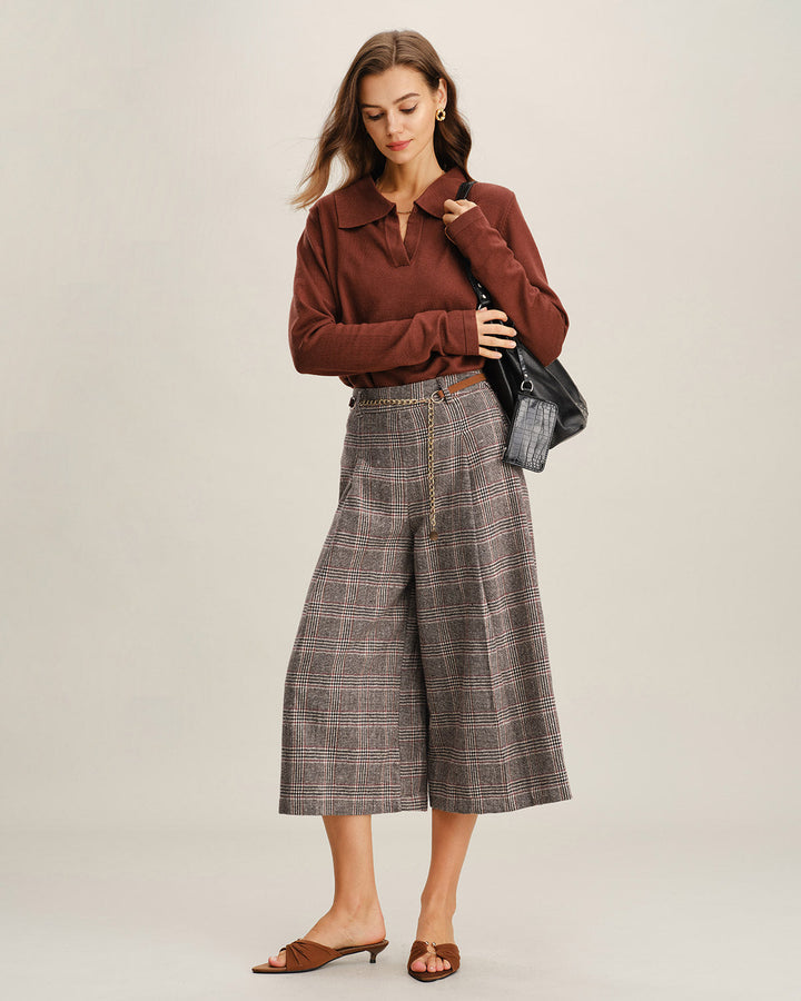 Khaki Plaid Wide Leg Pants