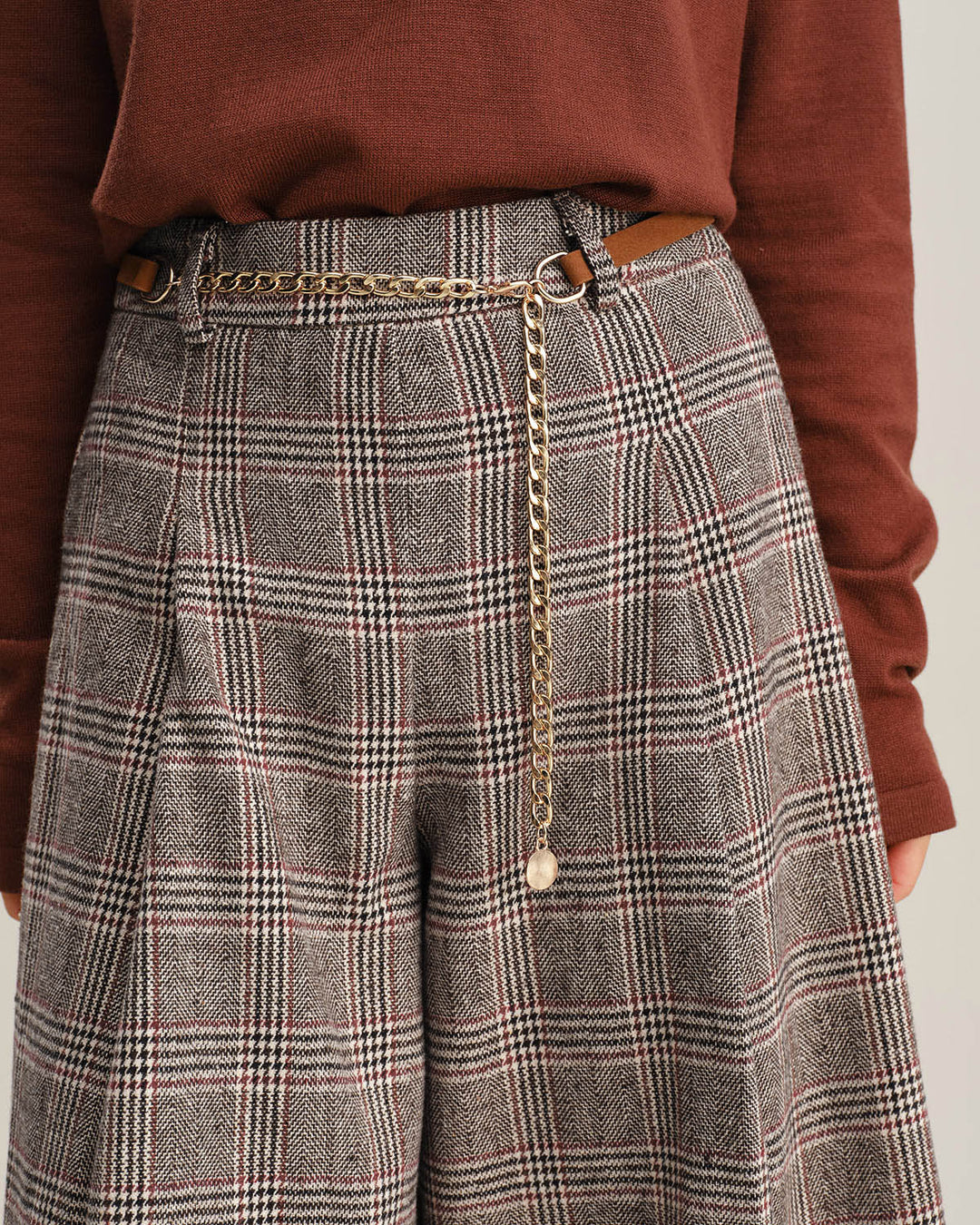 Khaki Plaid Wide Leg Pants