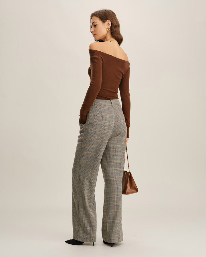Khaki Plaid Straight Casual Pants