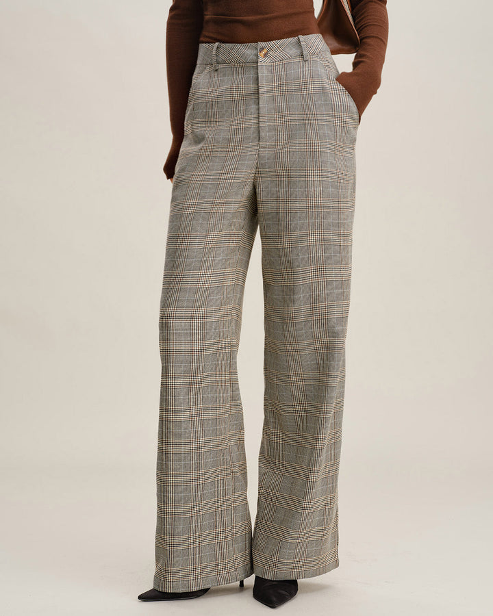Khaki Plaid Straight Casual Pants
