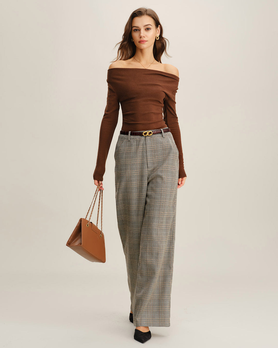 Khaki Plaid Straight Casual Pants