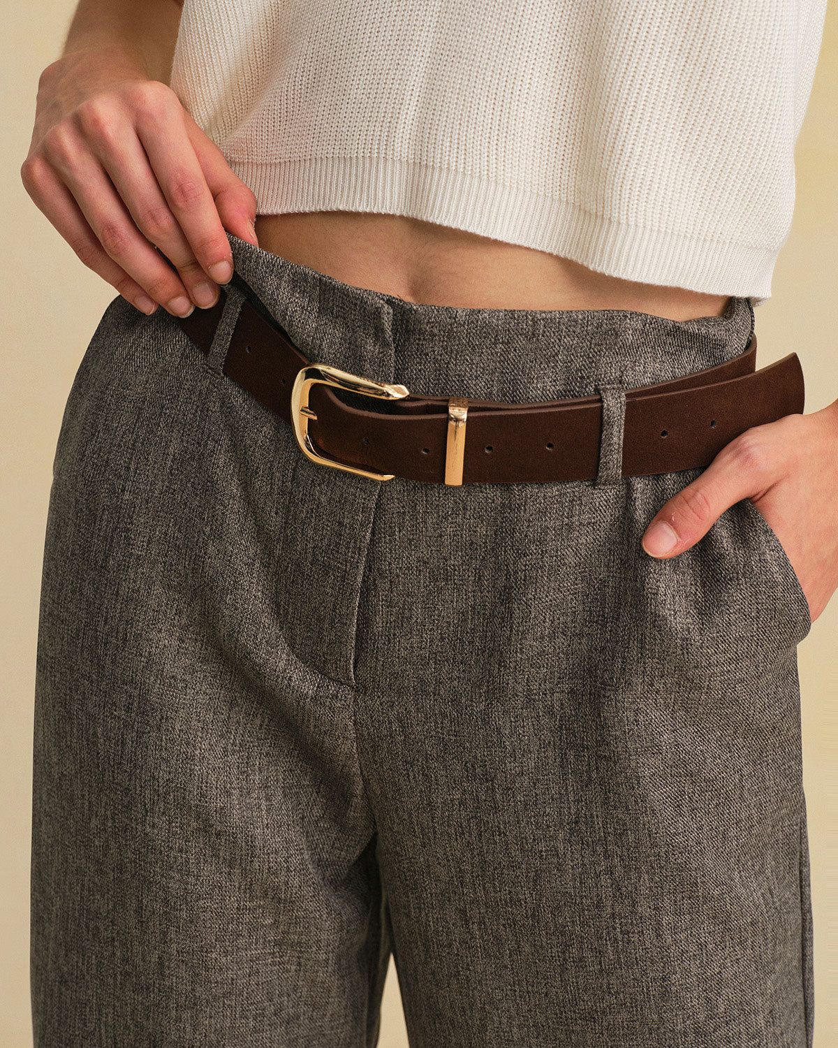 Grey Belted Straight Pants