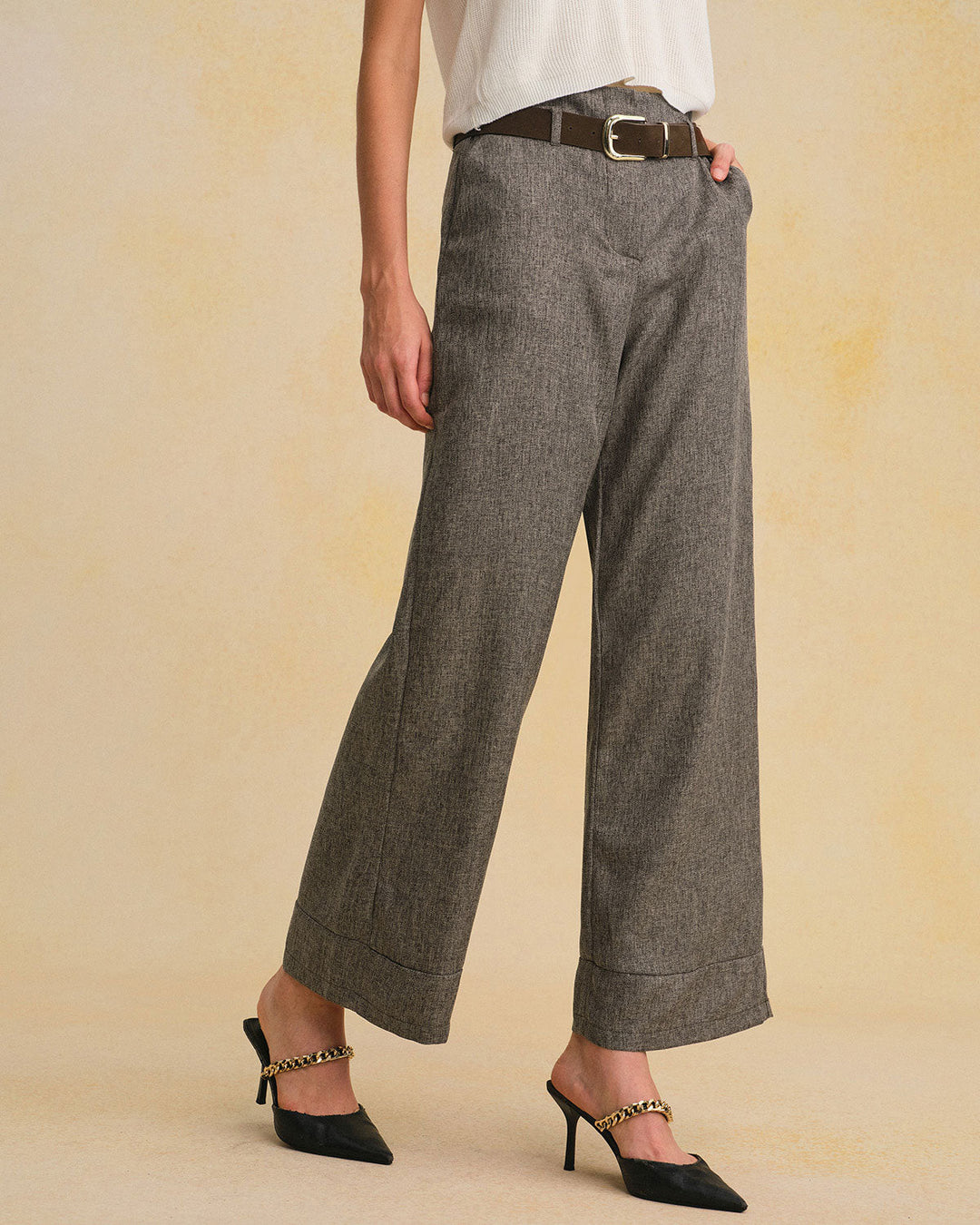 Grey Belted Straight Pants