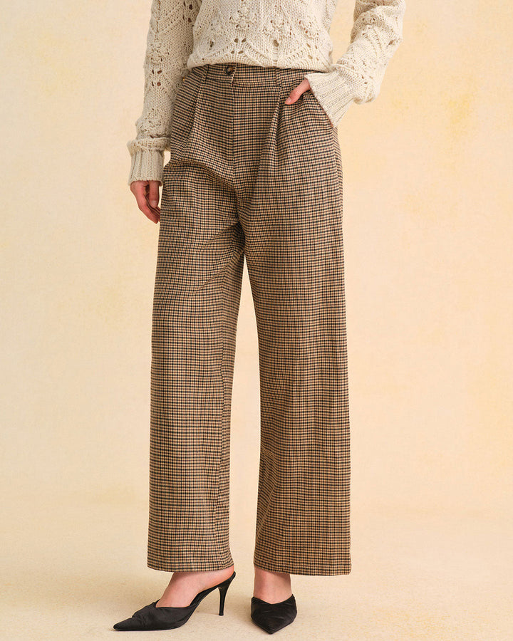 Brown Plaid Straight Pants
