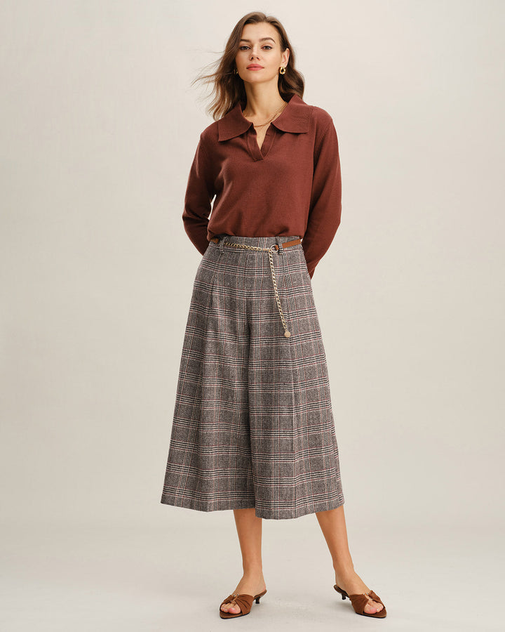 Khaki Plaid Wide Leg Pants