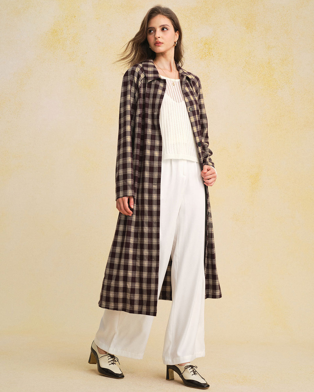 Brown Plaid Pocket Long Coat