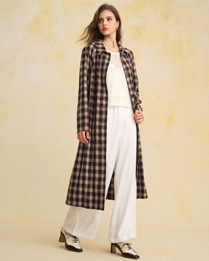 Brown Plaid Pocket Long Coat