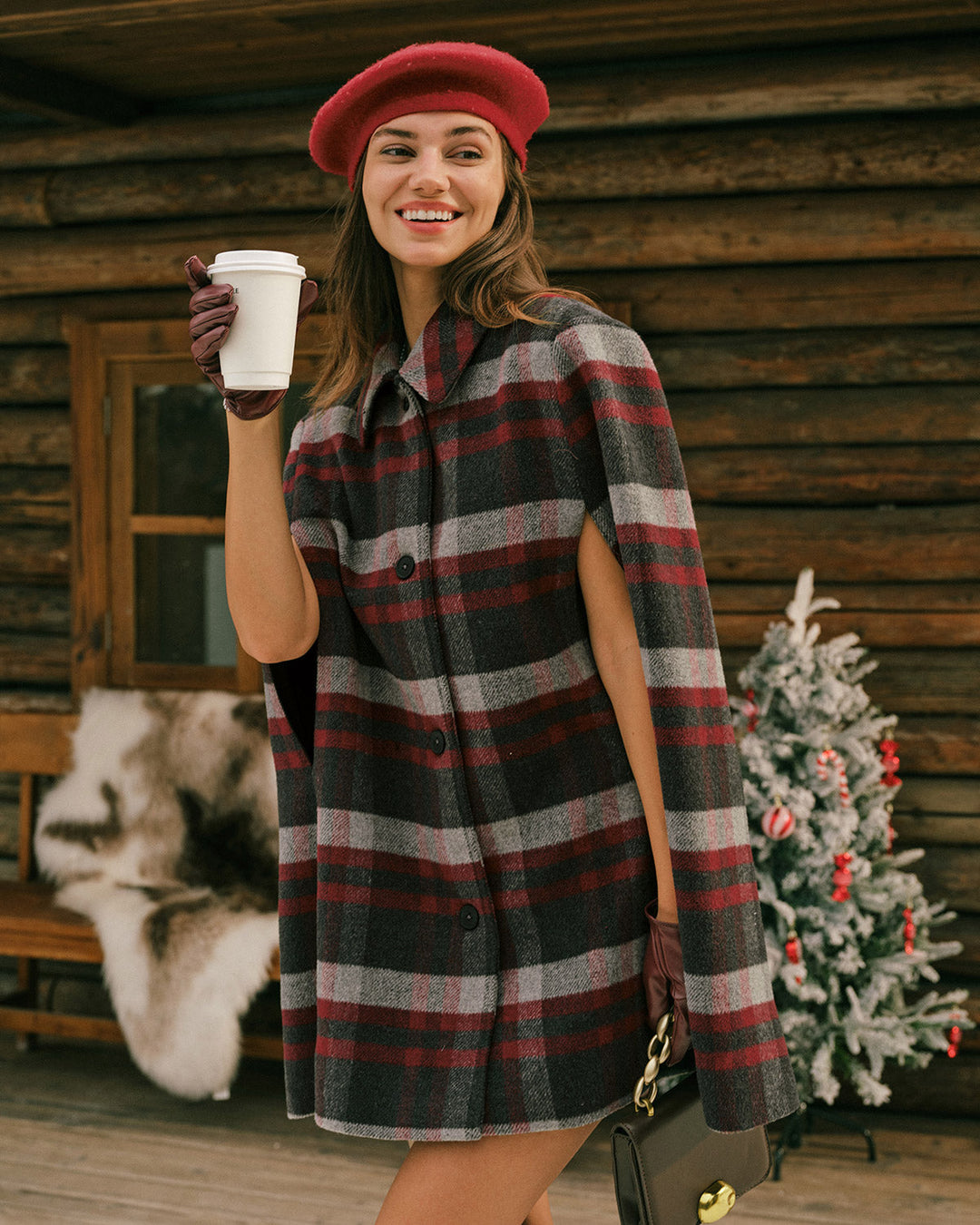 Red Plaid Cape Sleeve Coat