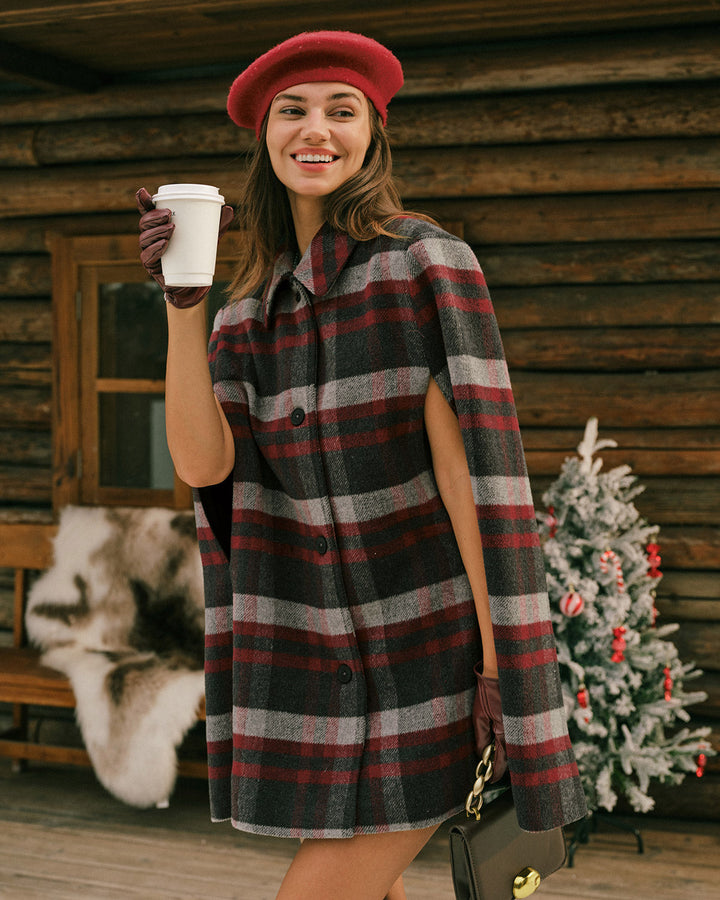 Red Plaid Cape Sleeve Coat