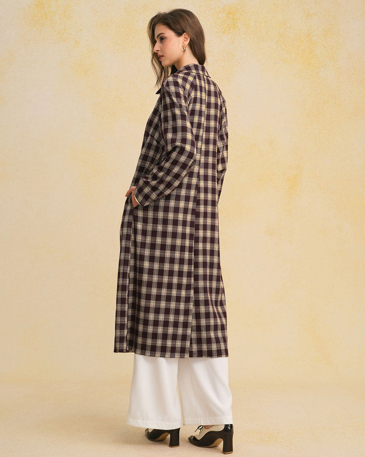 Brown Plaid Pocket Long Coat