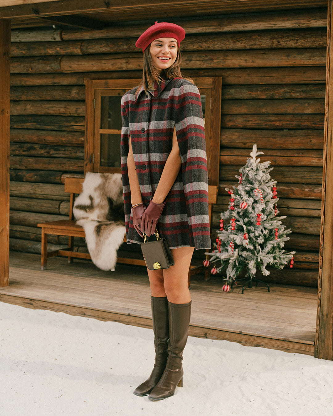 Red Plaid Cape Sleeve Coat