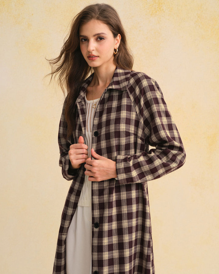 Brown Plaid Pocket Long Coat