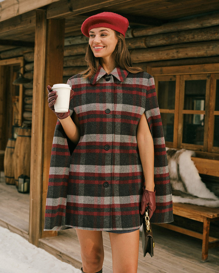 Red Plaid Cape Sleeve Coat