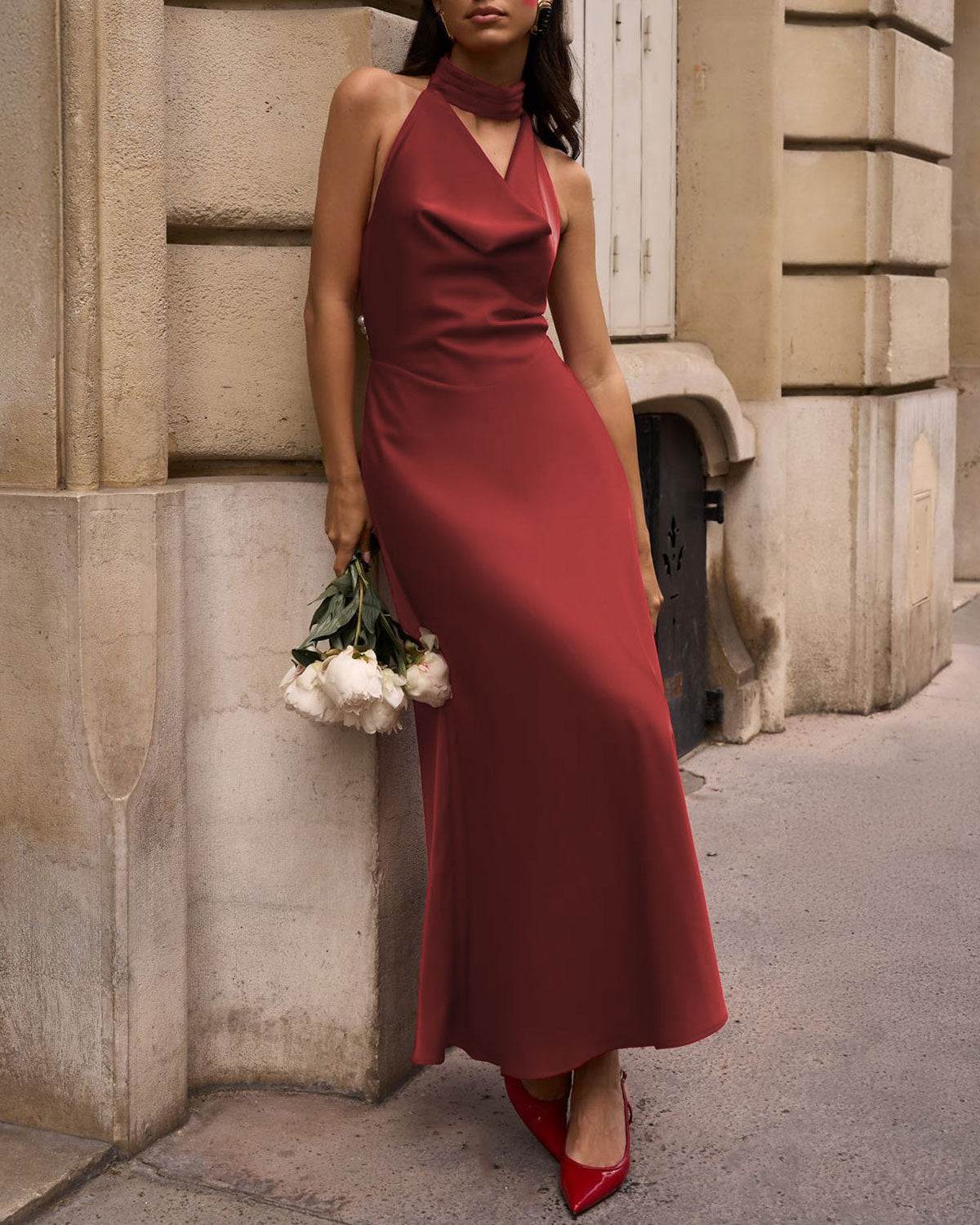 Wine Red Satin Halter Maxi Dress