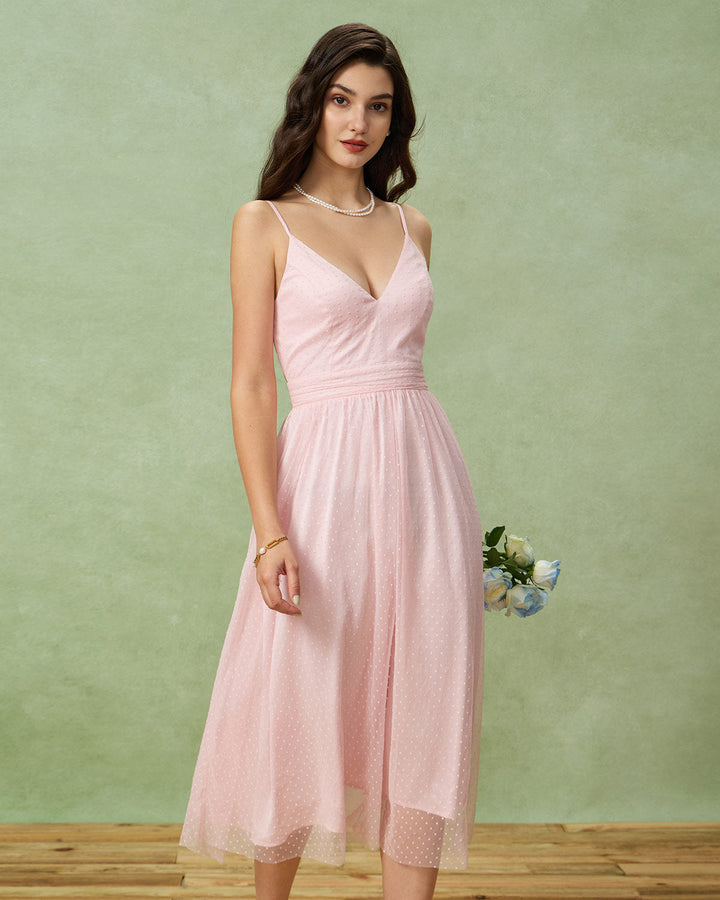 Pink V Neck Backless Slip Midi Dress