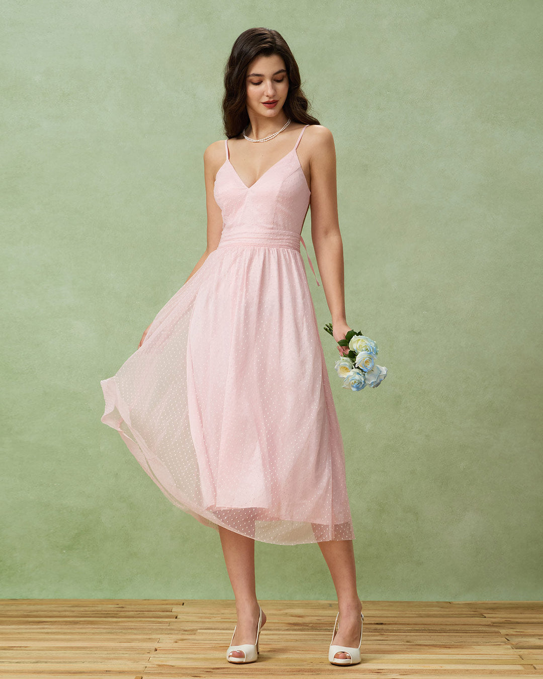 Pink V Neck Backless Slip Midi Dress