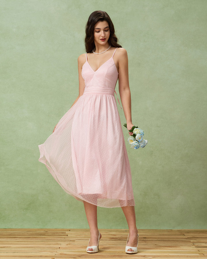 Pink V Neck Backless Slip Midi Dress