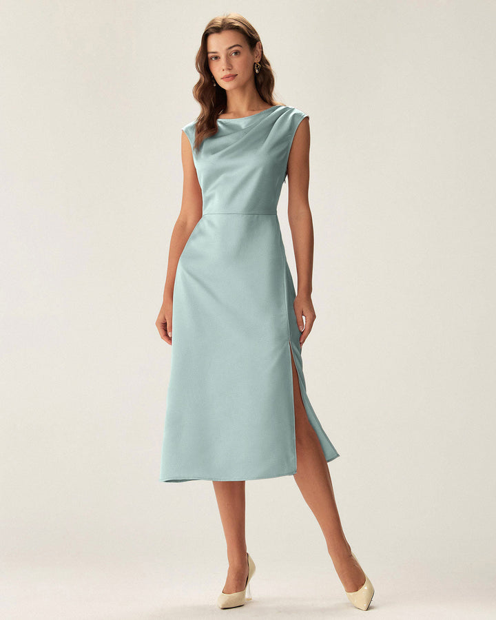 Blue Satin Boat Neck Slit Sleeveless Midi Dress