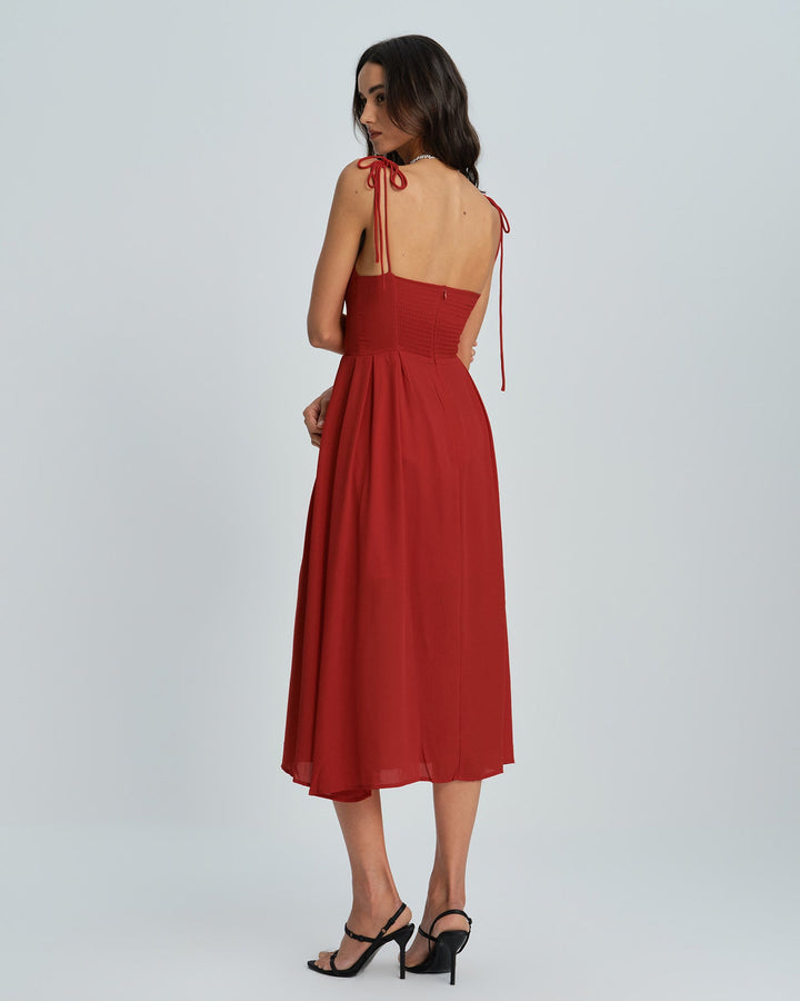 Red Sweetheart Neck Slip Midi Dress