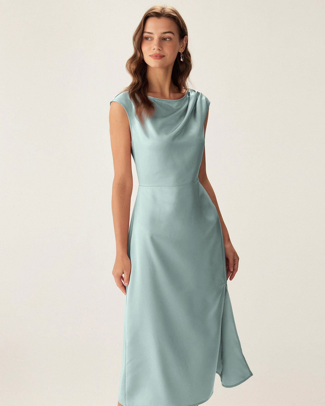Blue Satin Boat Neck Slit Sleeveless Midi Dress