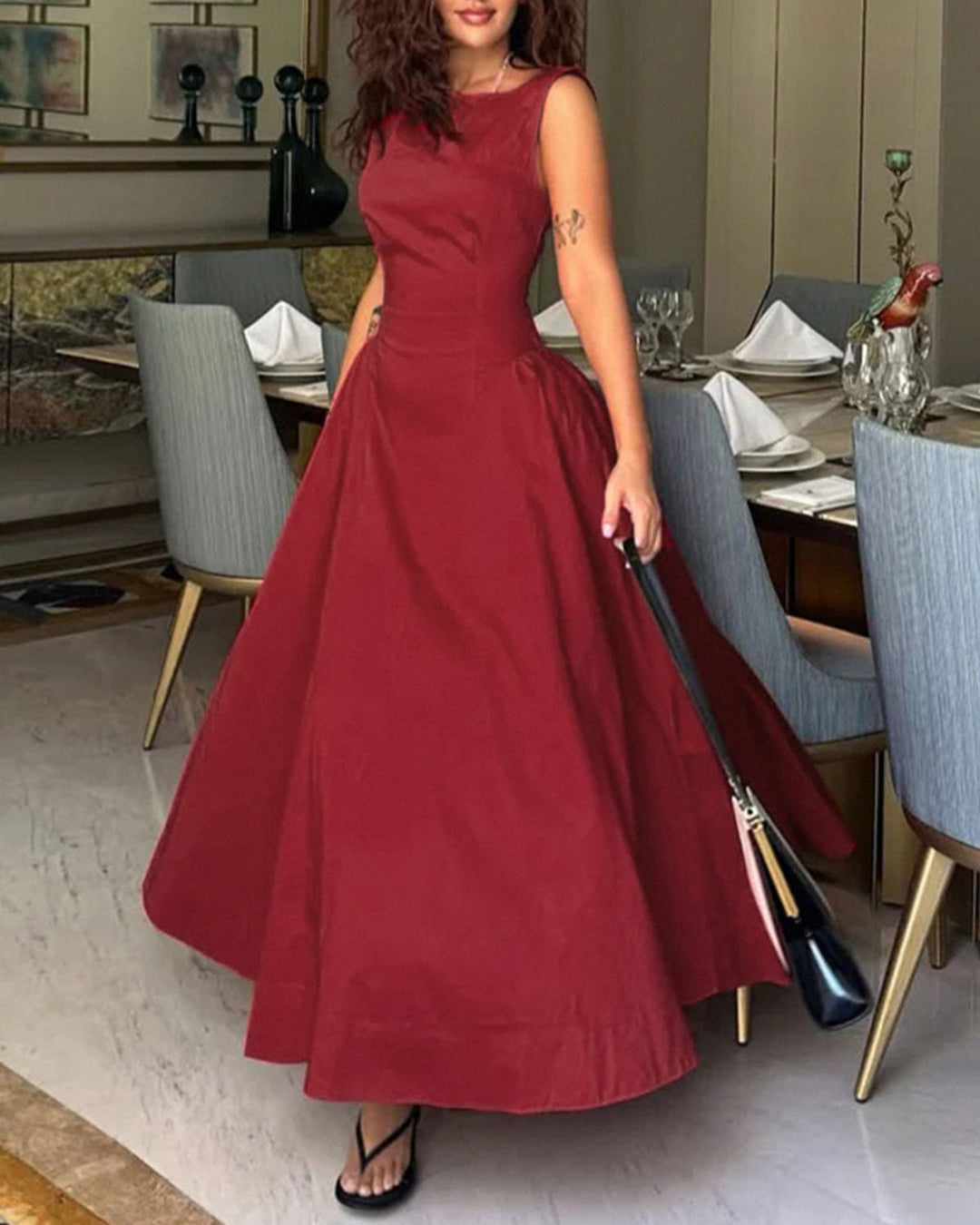 Red Boat Neck Sleeveless Midi Dress