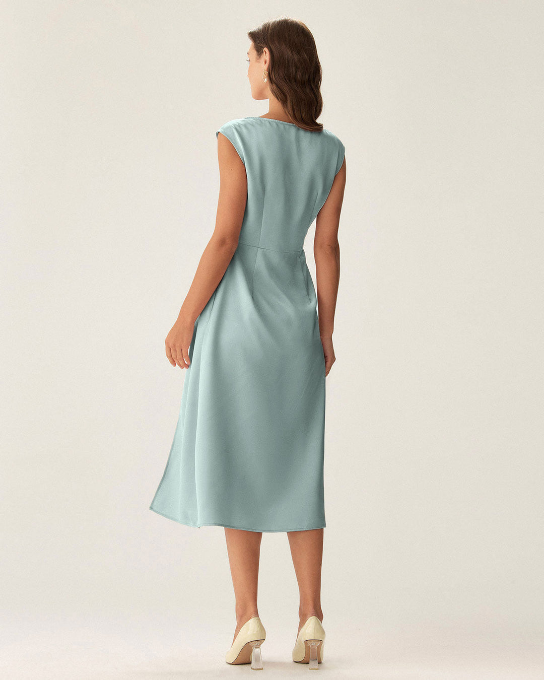 Blue Satin Boat Neck Slit Sleeveless Midi Dress