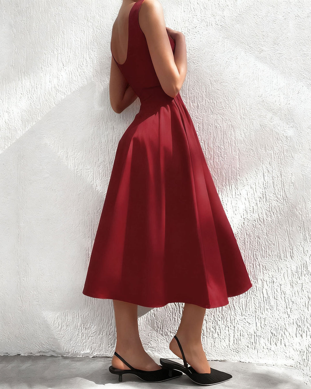 Red Boat Neck Sleeveless Midi Dress