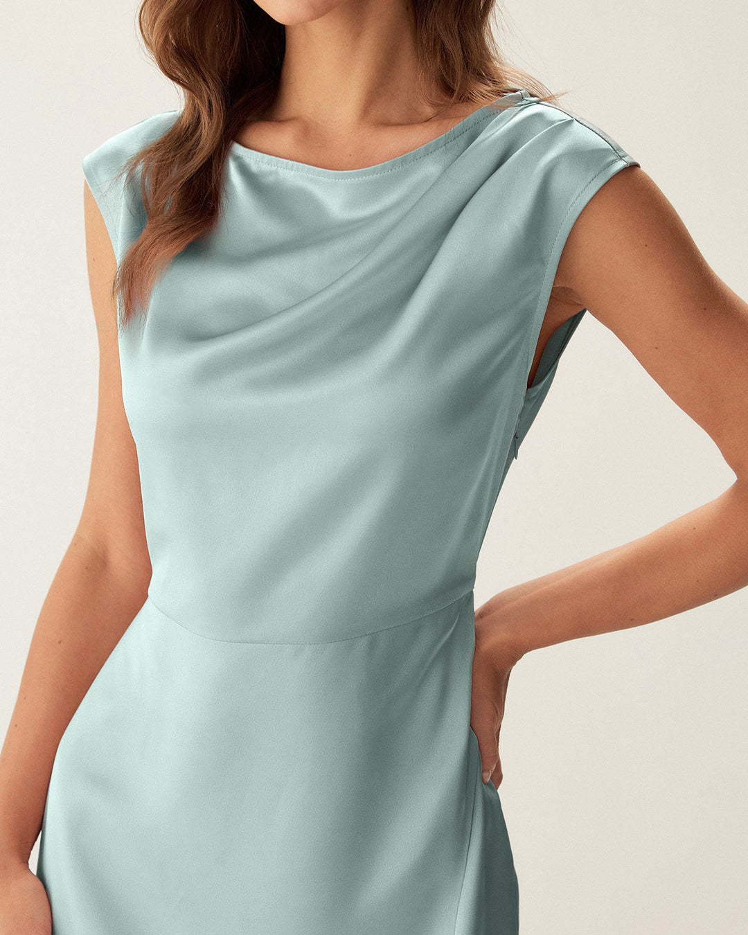 Blue Satin Boat Neck Slit Sleeveless Midi Dress