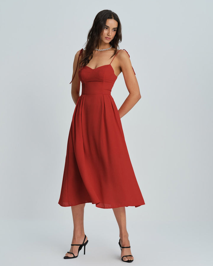 Red Sweetheart Neck Slip Midi Dress