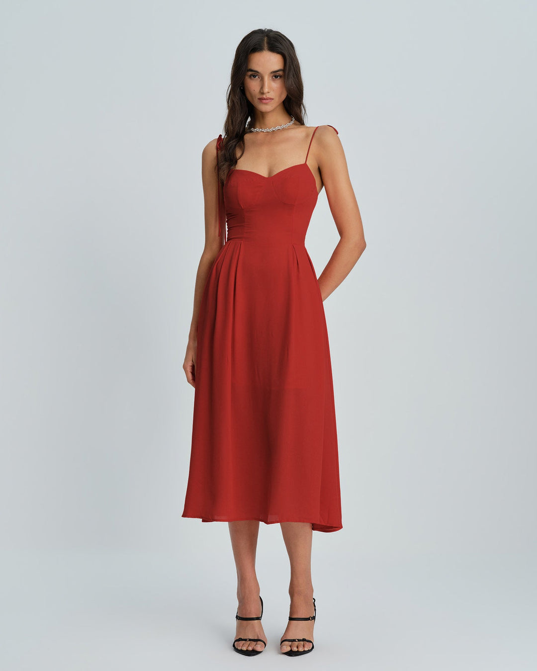 Red Sweetheart Neck Slip Midi Dress