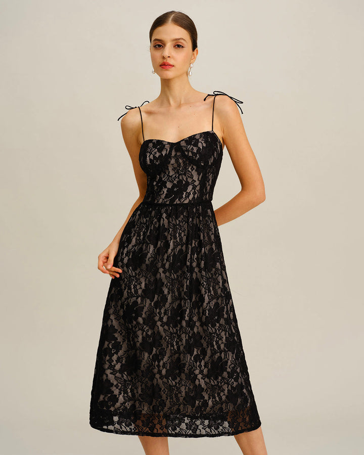 Black Sweetheart Neck A-Line Slip Midi Dress