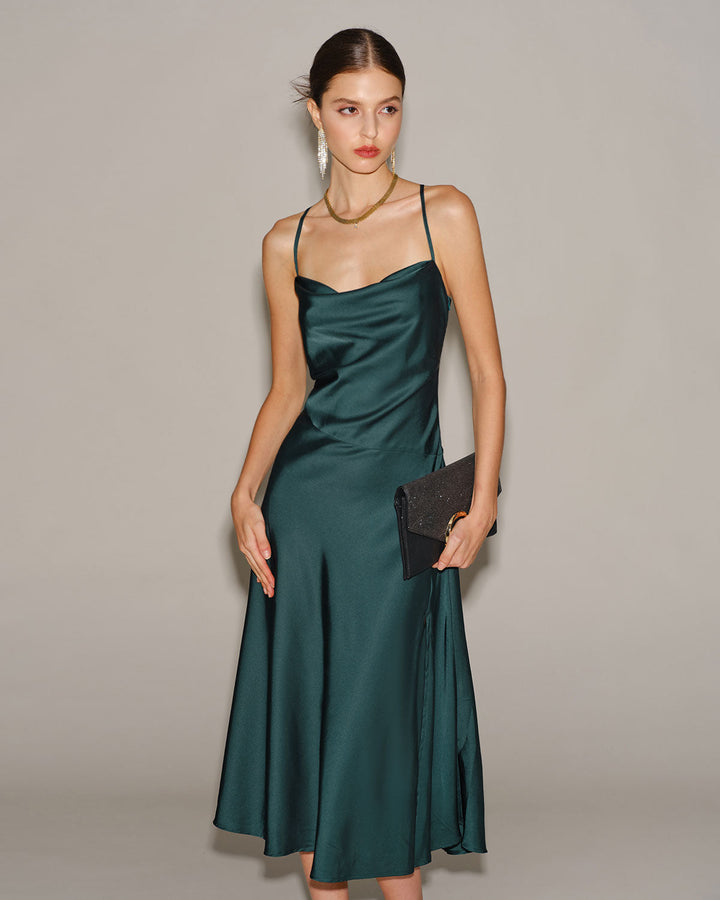 Green Satin Cowl Neck Slip Midi Dress